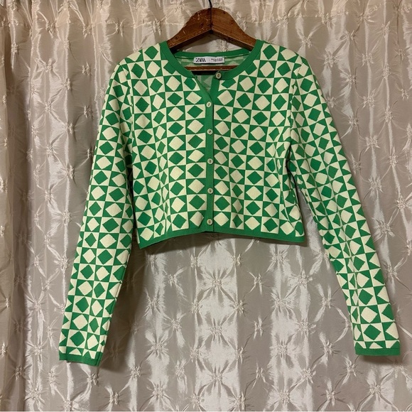 Zara Green Cream Geometric Button Front Cardigan Sweater Cropped Fitted - Picture 5 of 12
